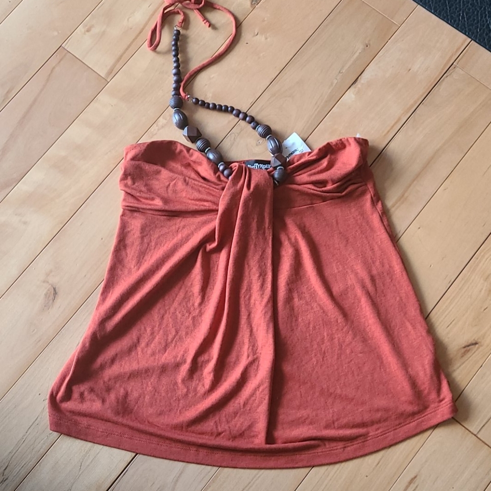 Orange Halter style tank with wooden beads